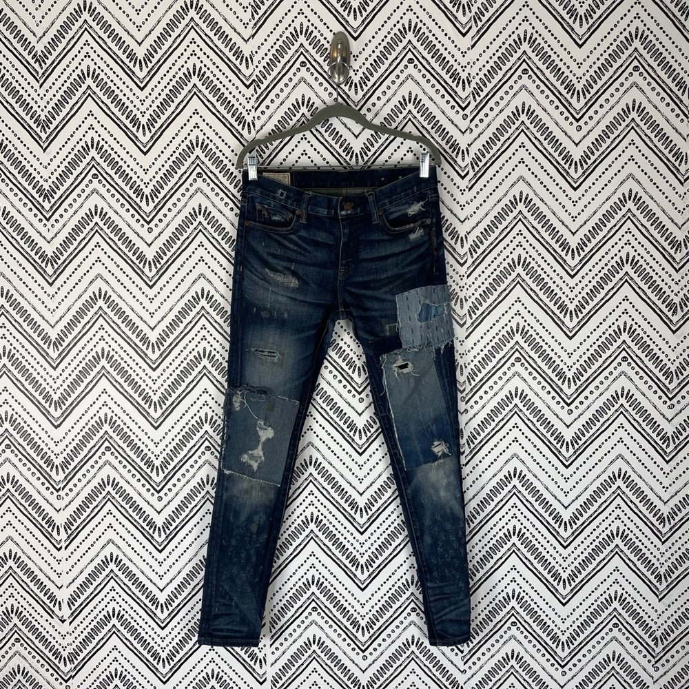 Women Polo Ralph Lauren Blue Wash Distressed Patchwork Tompkins Skinny Jeans 30